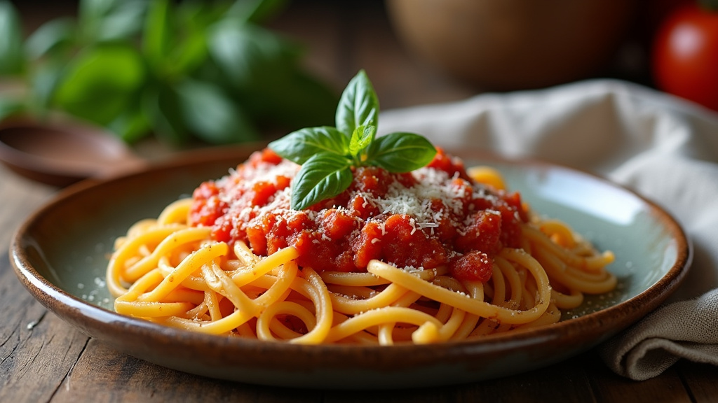 Assiette de pâtes fraîches italiennes avec sauce tomate et basilic