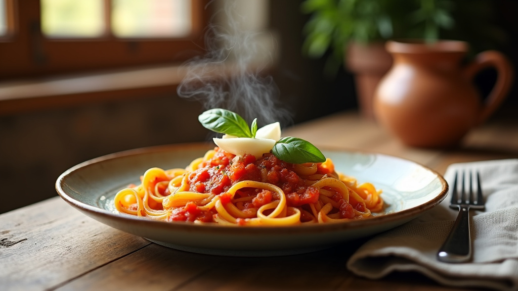 Table dressée avec des plats italiens authentiques : pâtes, antipasti et desserts traditionnels