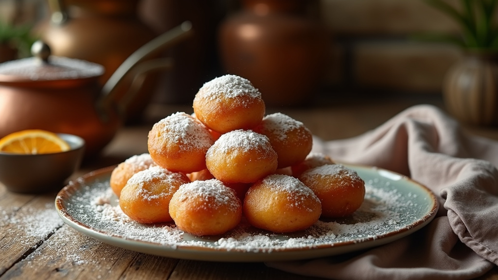 Merveilles cuites et dorées dans une assiette en porcelaine blanche, saupoudrées de sucre glace