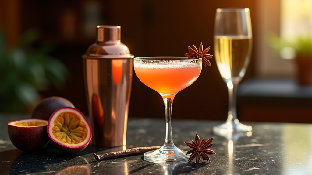 Bar tendance avec plusieurs cocktails Pornstar Martini sur le comptoir et clients dégustant