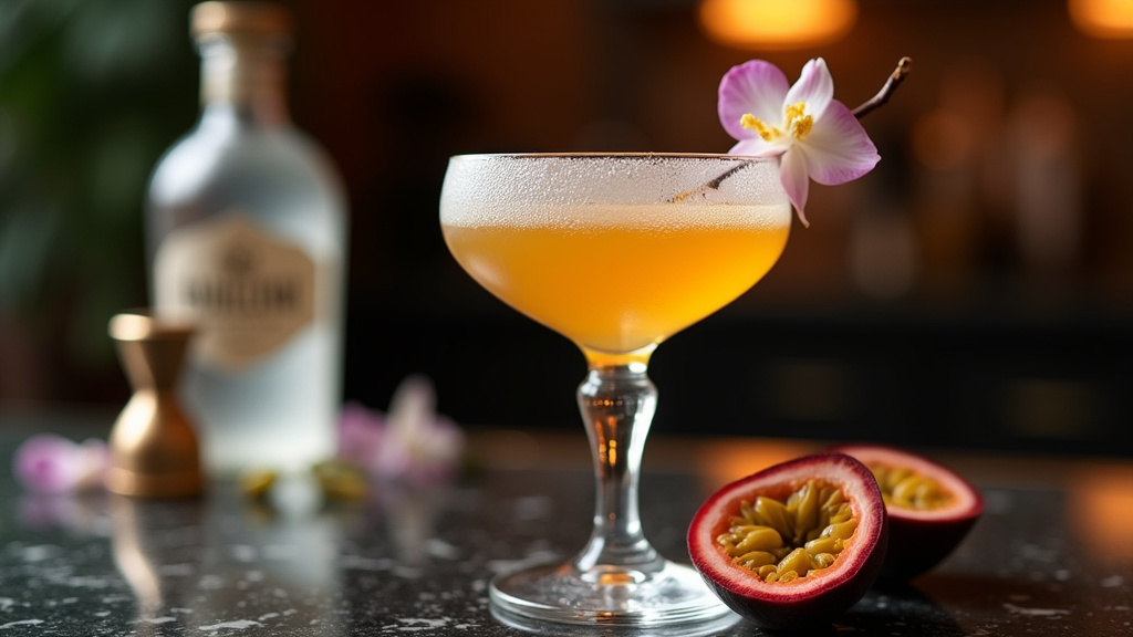 Différentes variantes du Pornstar Martini avec garnitures décoratives et verres colorés