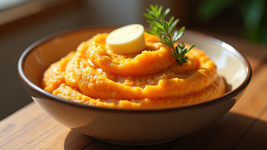 Purée de patate douce onctueuse et dorée dans un plat de service