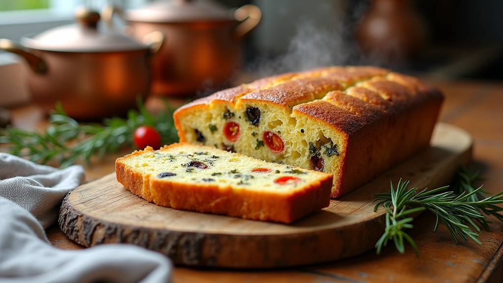 Cake salé aux légumes rôtis et fromage fondu, sortant du four