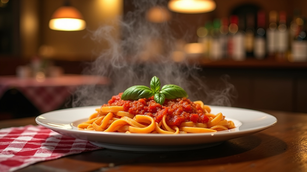 Intérieur chaleureux d'un restaurant italien à Caen avec tables en bois et éclairage tamisé