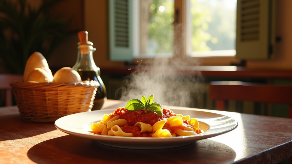 Intérieur chaleureux d'un restaurant italien authentique avec tables en bois et ambiance conviviale