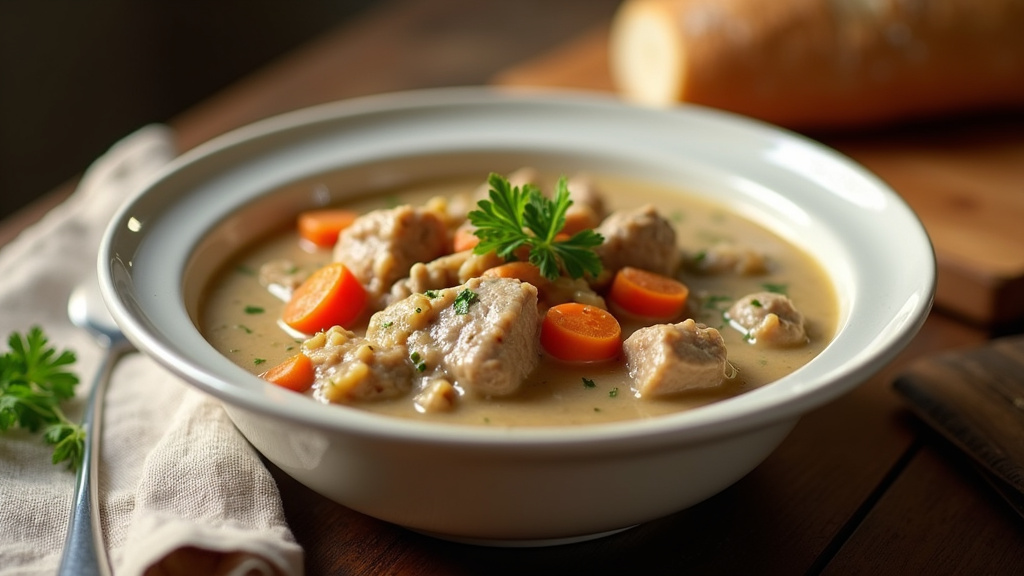 Blanquette de veau mijotée dans une cocotte en fonte avec ses garnitures de champignons et carottes