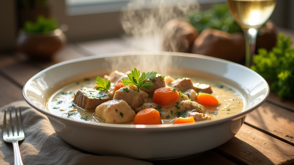 Blanquette de veau mijotée dans une cocotte en fonte avec sa sauce onctueuse et ses légumes