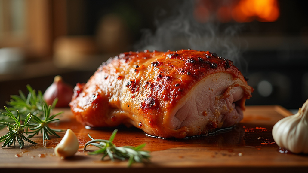 Préparation d'un rôti de porc avec assaisonnement d'herbes fraîches et gousses d'ail