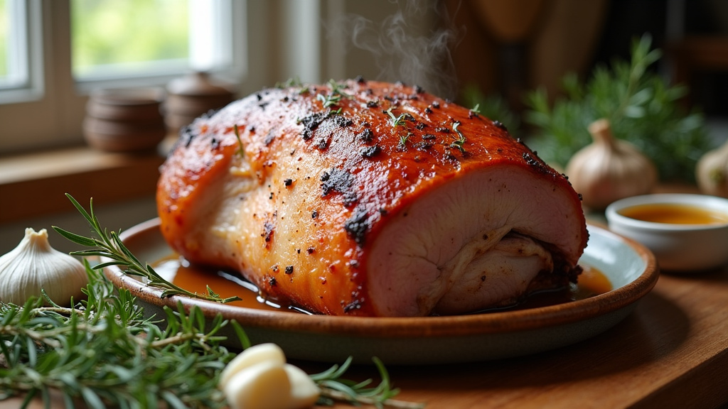 Four traditionnel avec rôti de porc en cuisson, entouré de légumes aromatiques