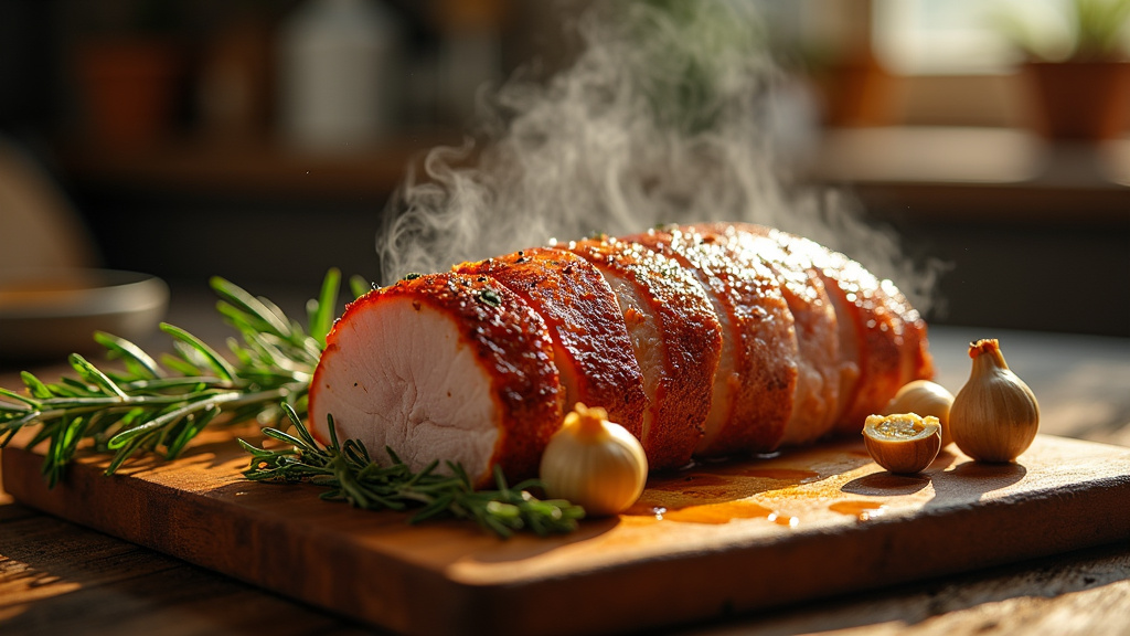 Rôti de porc juteux sortant d'un four traditionnel avec une belle coloration dorée