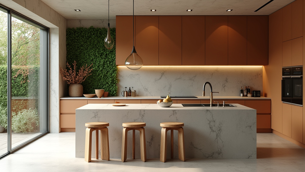 Cuisine ouverte avec continuité de matériaux entre salon et espace de cuisson