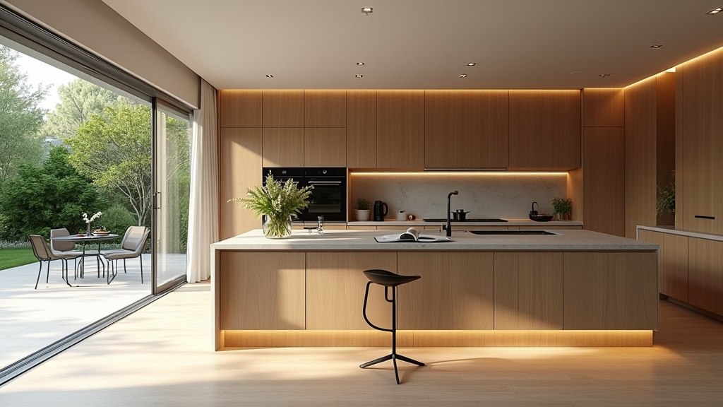 Cuisine moderne avec électroménager intégré et îlot central en bois