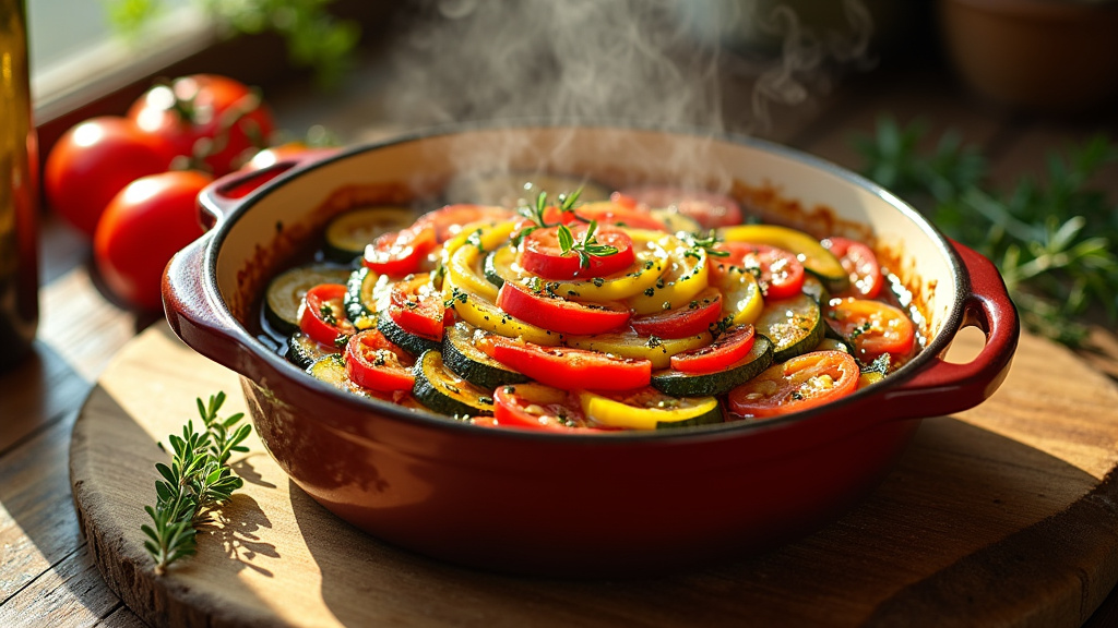 Vue en coupe d'un tian de légumes monté en rosace avec des couches distinctes de courgettes, aubergines et tomates