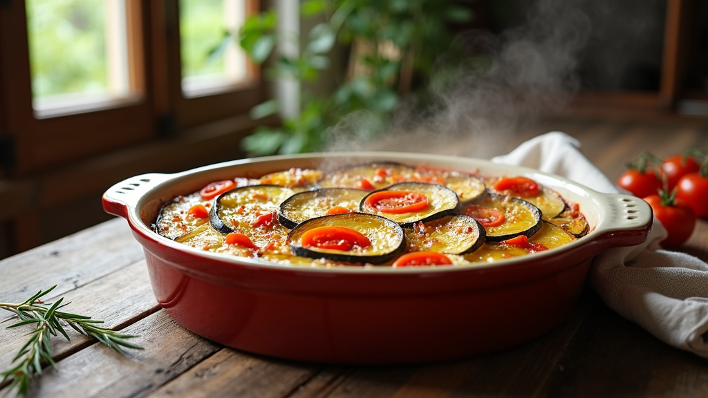 Préparation des légumes pour tian : courgettes, aubergines et tomates tranchées finement