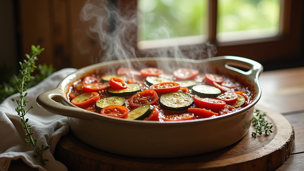 Tian de légumes à l'italienne parfaitement doré sortant du four, avec des couches de courgettes, aubergines et tomates en rosace