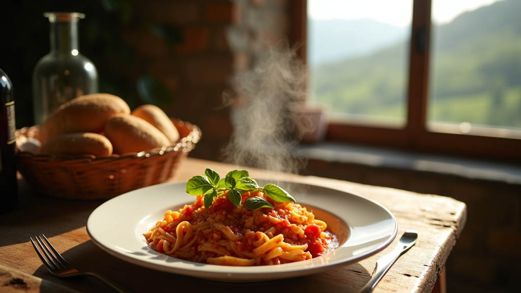 Table dressée pour un dîner italien dans les Pyrénées-Atlantiques avec antipasti colorés et pâtes artisanales