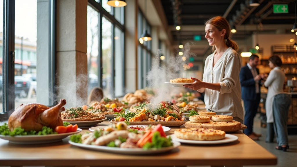 Présentation de plats traiteur E.Leclerc avec viandes et légumes