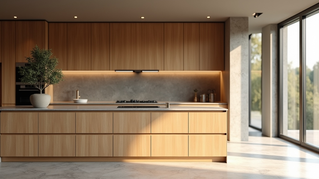 Rendu 3D d'une cuisine moderne sur mesure avec îlot central et rangements optimisés